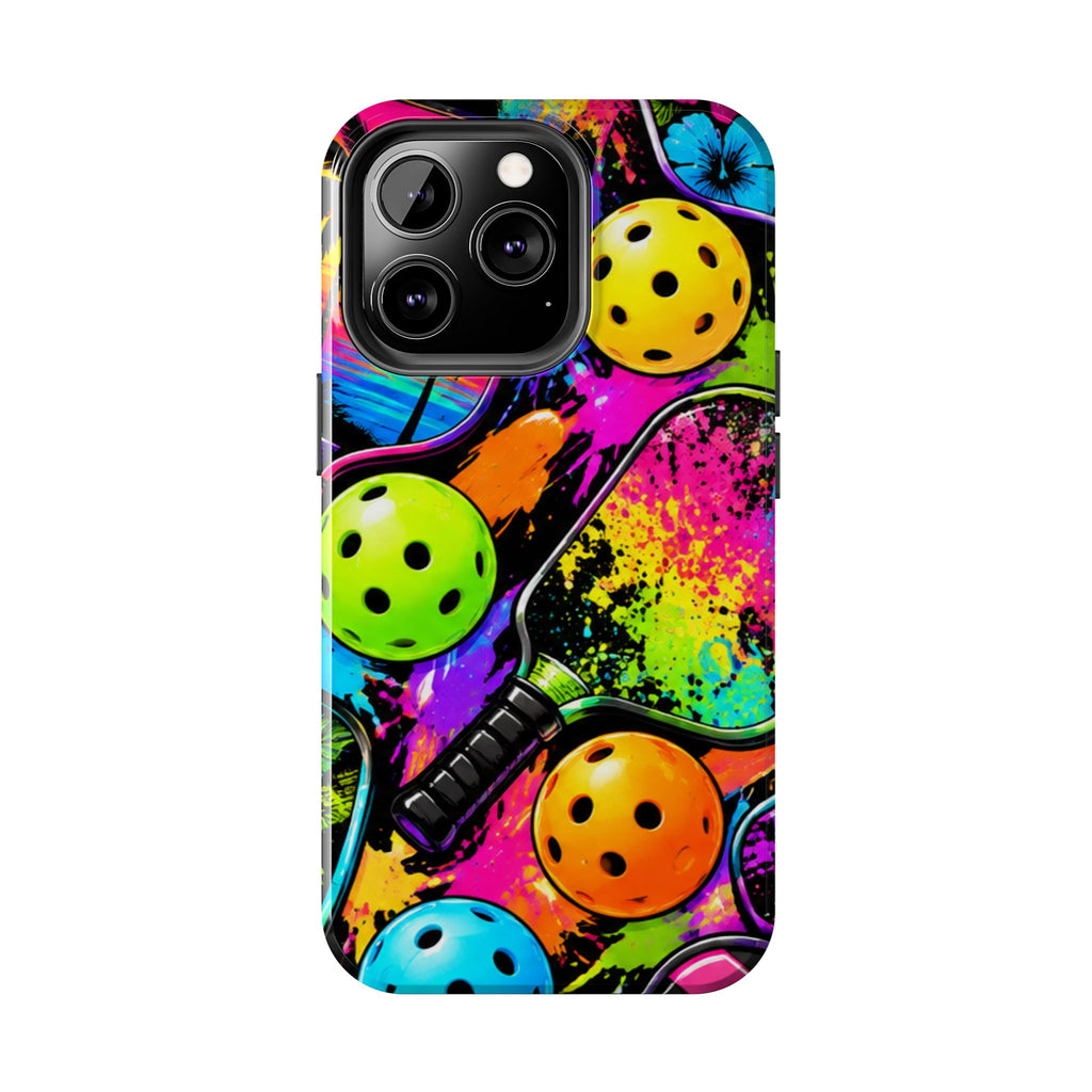 Pickleball Splash Tough Phone Case — Neon Paddle & Ball Protective Cover