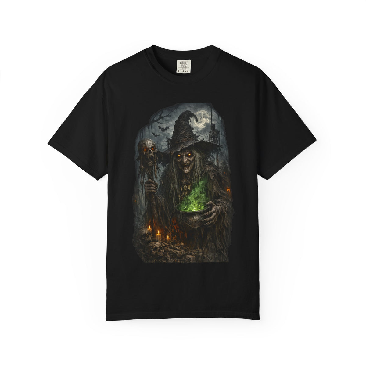 Scary Witch Brewing Cauldron T-Shirt | Halloween Witch Illustration