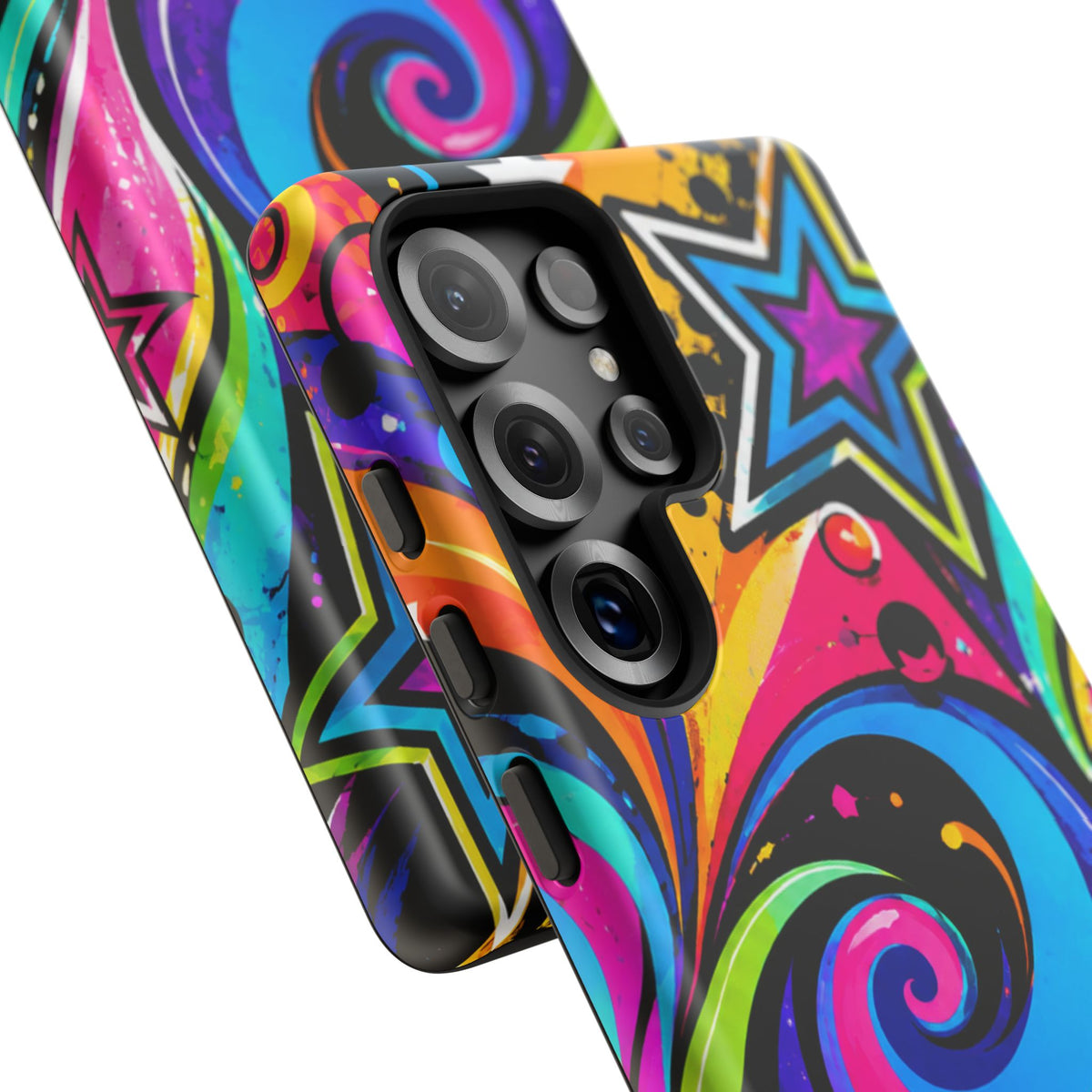Psychedelic Swirl Phone Case — Bold Retro Stars & Neon Pop Art Tough Case