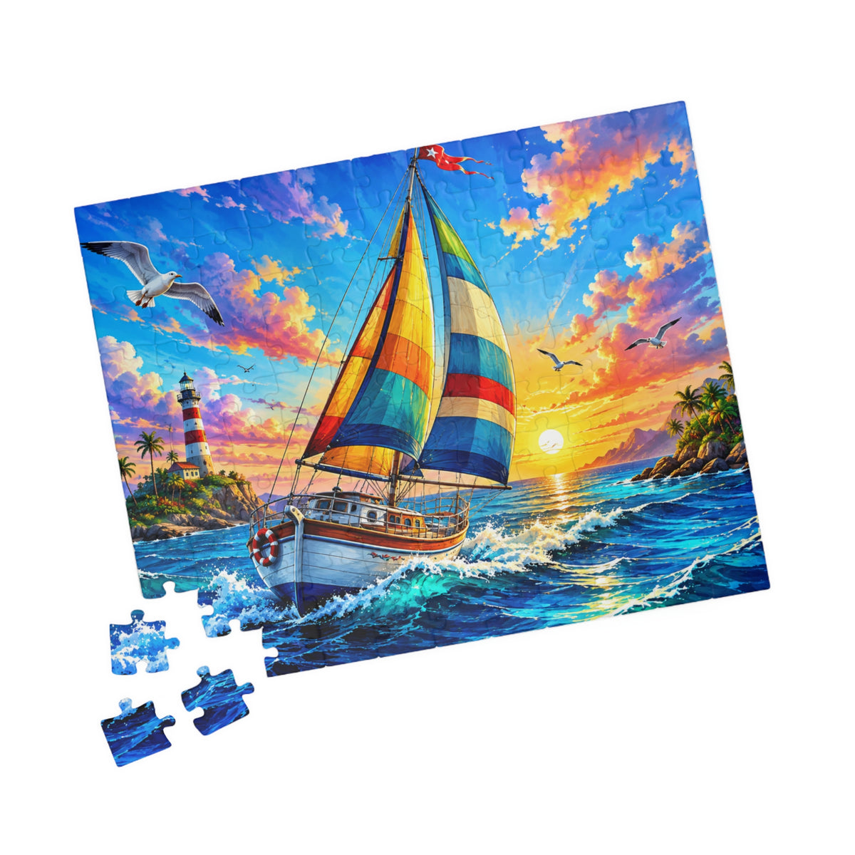 Sailboat at Sunset Jigsaw Puzzle — Scenic Ocean Puzzle (110/252/520/1014 pcs)