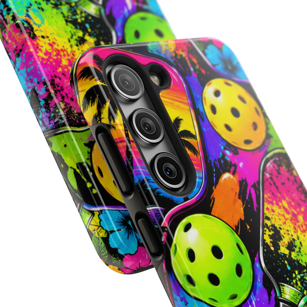 Pickleball Splash Tough Phone Case — Neon Paddle & Ball Protective Cover