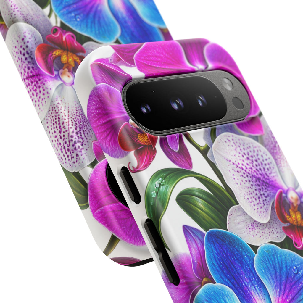Orchid Floral Tough Phone Case – Vibrant Blue & Pink Orchid Protective Cover