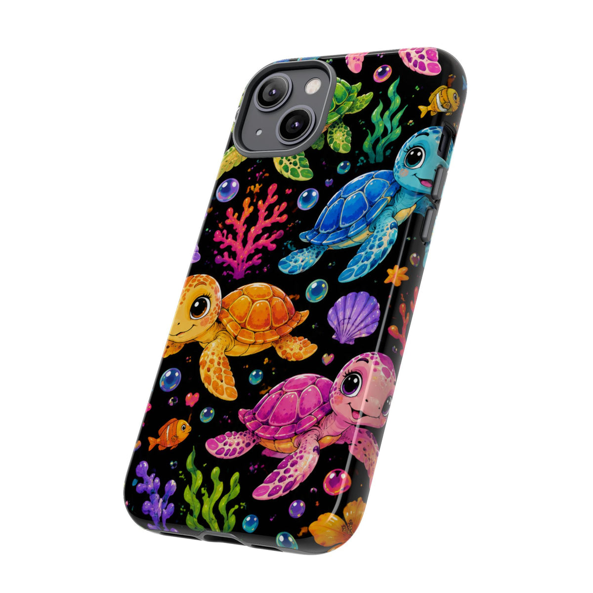 Phone Case — Colorful Cute Sea Turtles on Black (Protective Smartphone Cover)