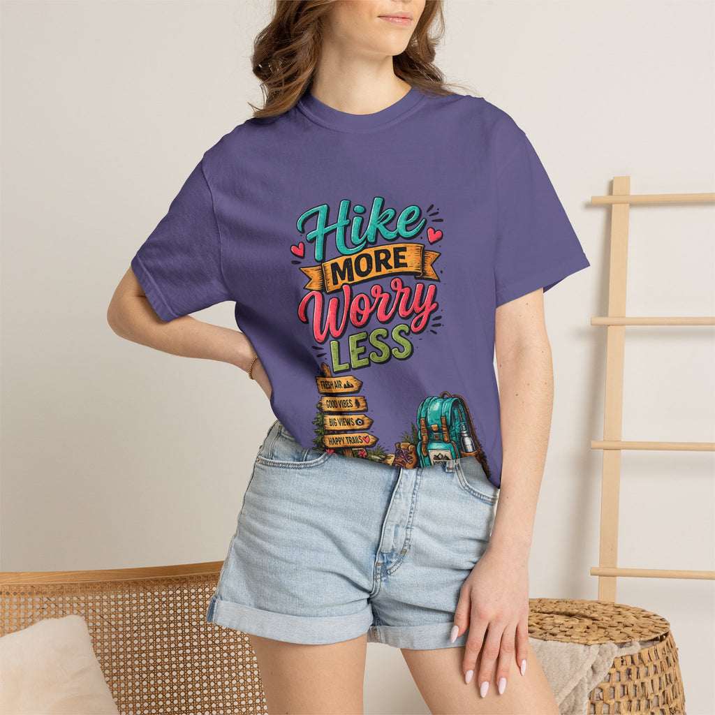 Hike More Worry Less T-Shirt | Hiking Backpack Trail Sign Tee
