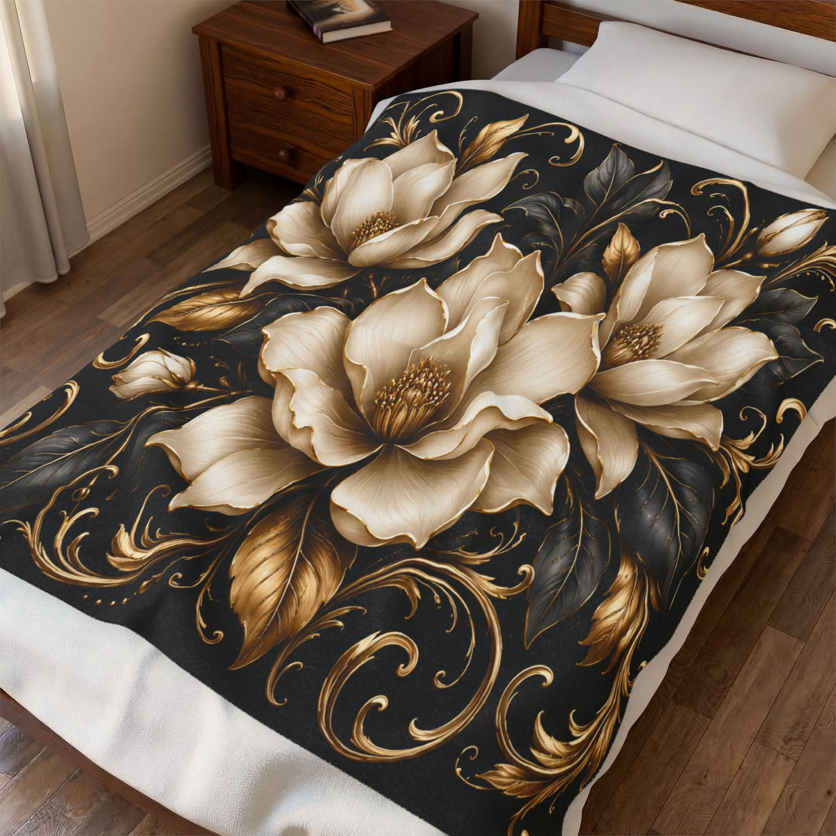 Velveteen Plush Blanket — Elegant Gold Magnolia Floral Throw