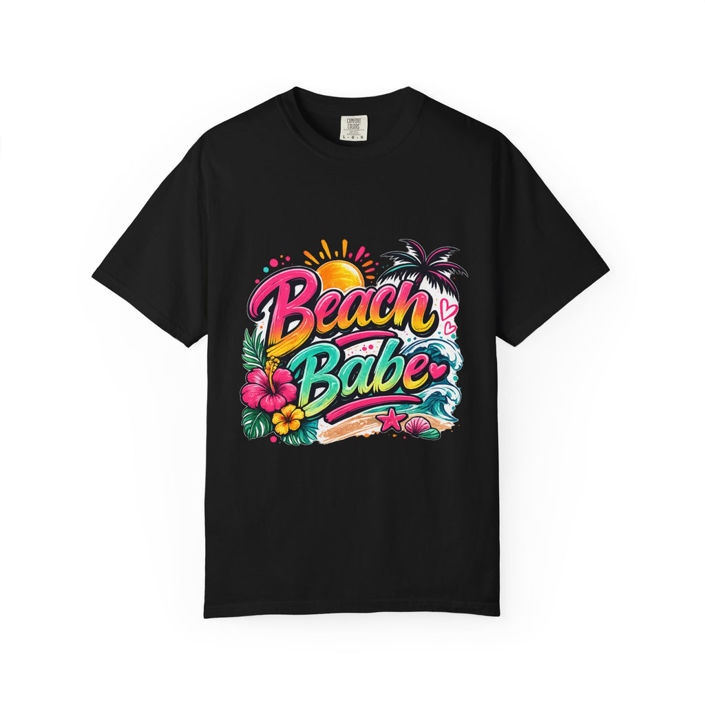 Beach Babe T-shirt | Tropical Palm Hibiscus Sunset Design
