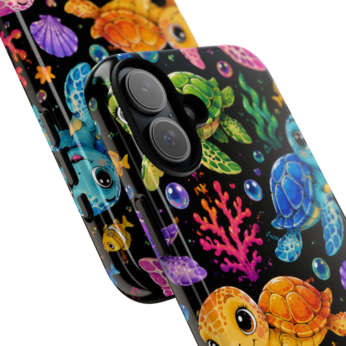Phone Case — Colorful Cute Sea Turtles on Black (Protective Smartphone Cover)