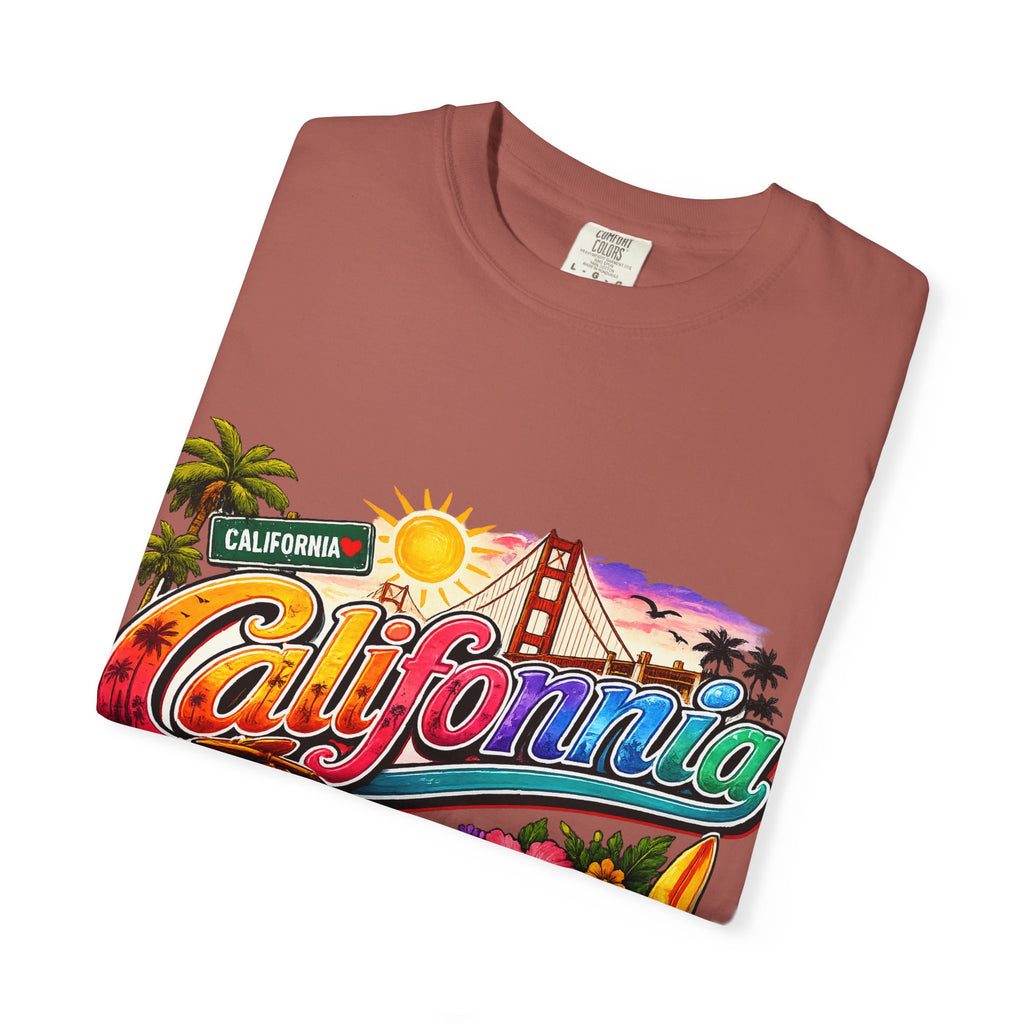 California Retro Sunset T-shirt | Golden Gate, Palm Trees & Surf