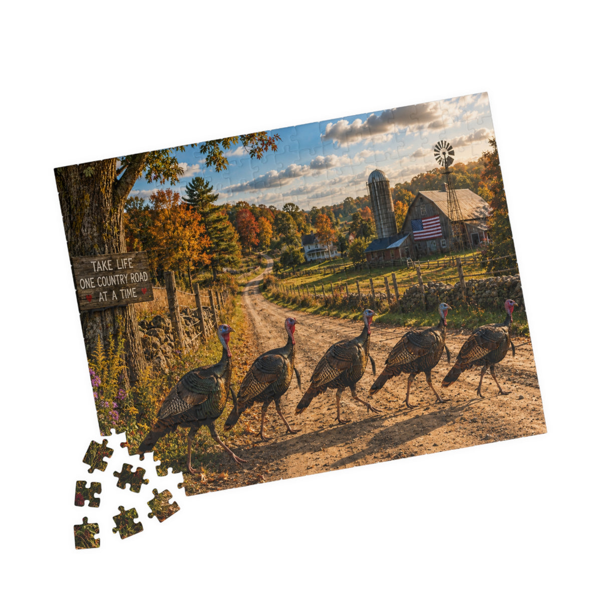 Country Road Turkeys Jigsaw Puzzle — Rustic Farmhouse Scene (110/252/520/1014 pcs)