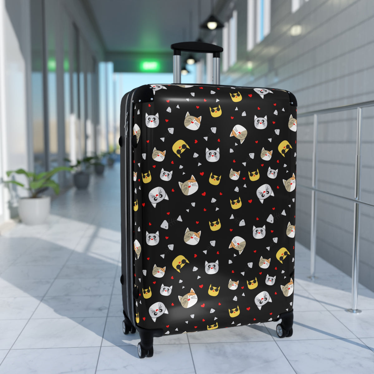 Cat Crown Print Suitcase — Cute Black Travel Luggage with Emoji Cat Pattern