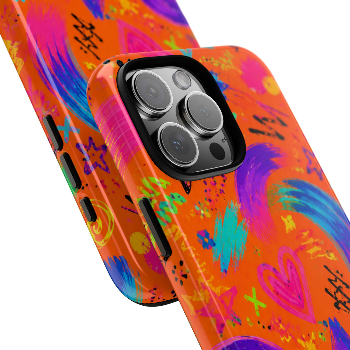 Colorful Neon Doodle Phone Case — Bright Abstract Stars & Hearts Tough Case
