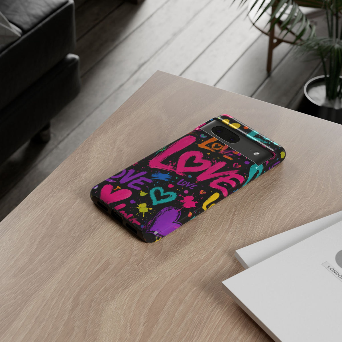 Phone Case — Neon Graffiti "Love" Hearts Protective Tough Case