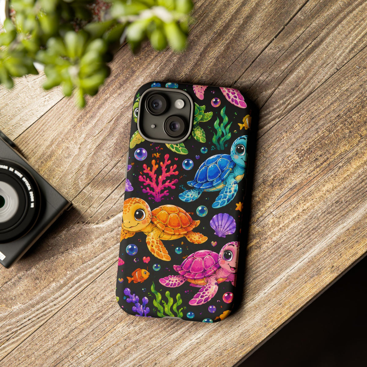 Phone Case — Colorful Cute Sea Turtles on Black (Protective Smartphone Cover)