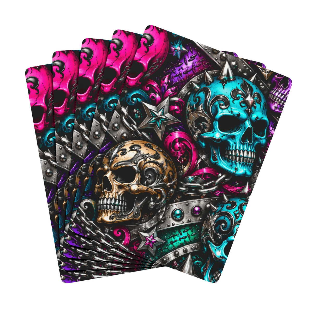 Skull-Pattern Poker Playing Cards — Neon Day of the Dead Design