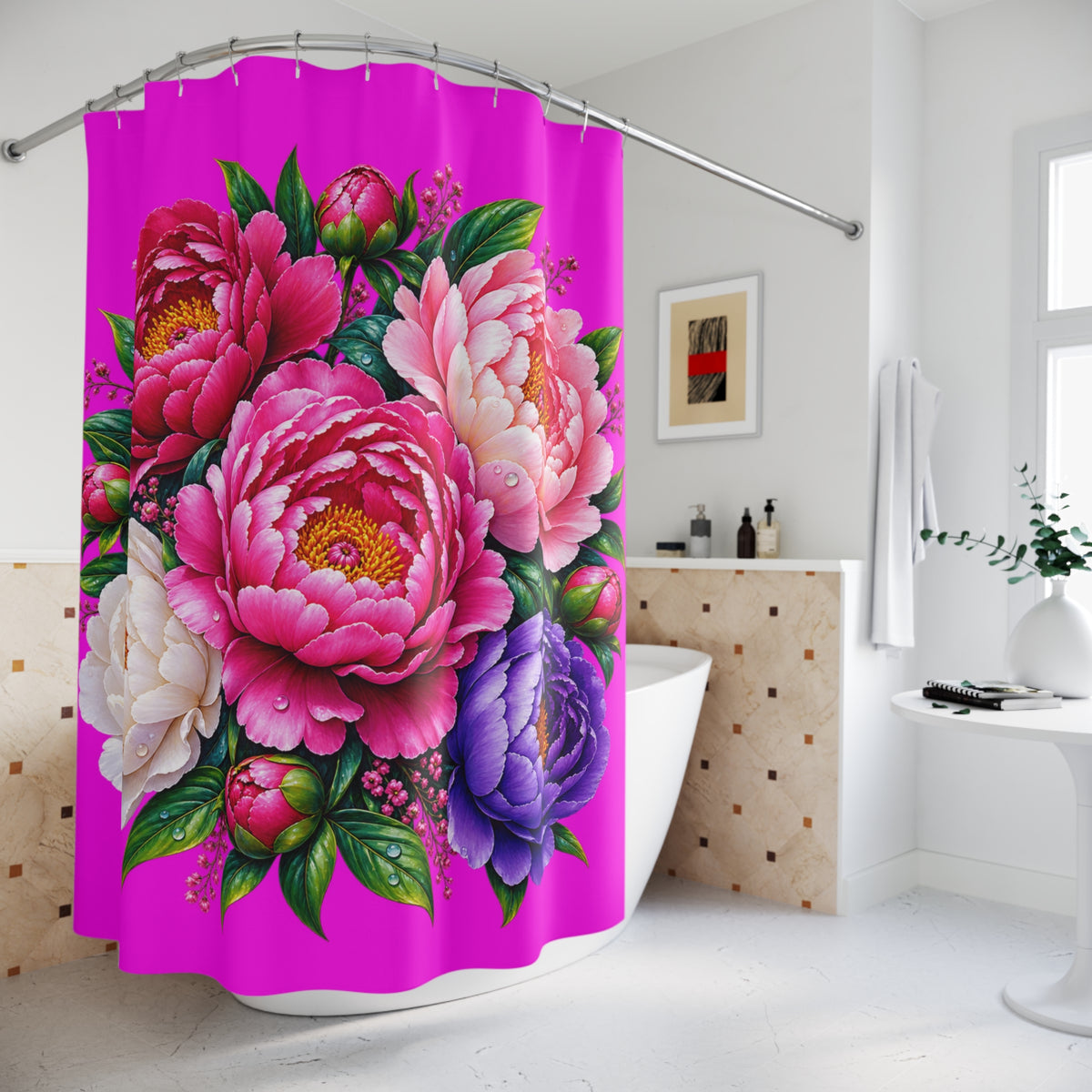 Vibrant Peony Shower Curtain — Bold Pink Floral Bathroom Decor
