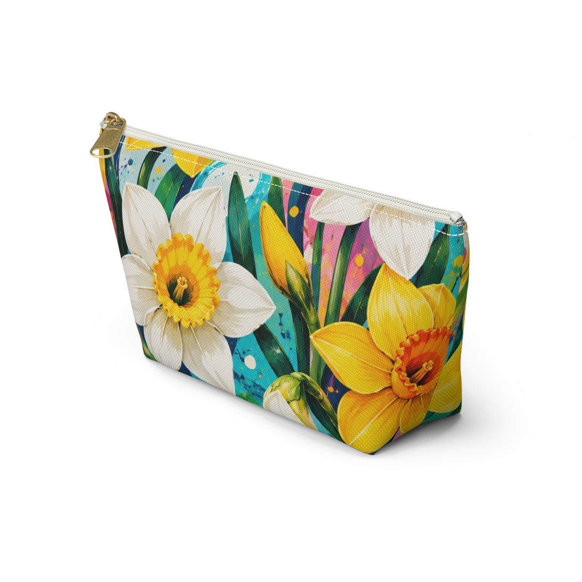 Daffodil Bloom Accessory Pouch — Floral T‑Bottom Makeup Bag