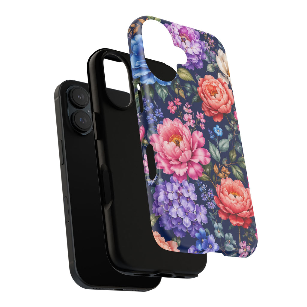 Floral Tough Phone Case – Vibrant Garden Flowers on Navy
