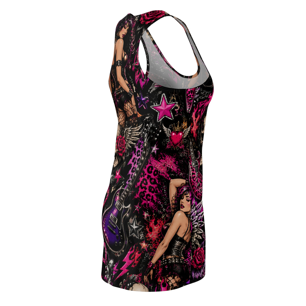 Rockabilly Pinup Racerback Dress — Gothic Skull & Guitar All-Over Print