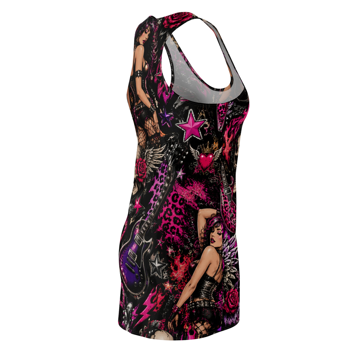 Rockabilly Pinup Racerback Dress — Gothic Skull & Guitar All-Over Print