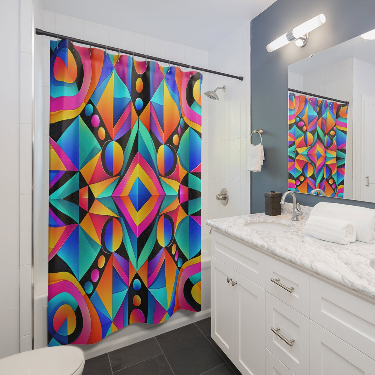 Geometric Neon Shower Curtain — Vibrant Retro Abstract Bathroom Decor