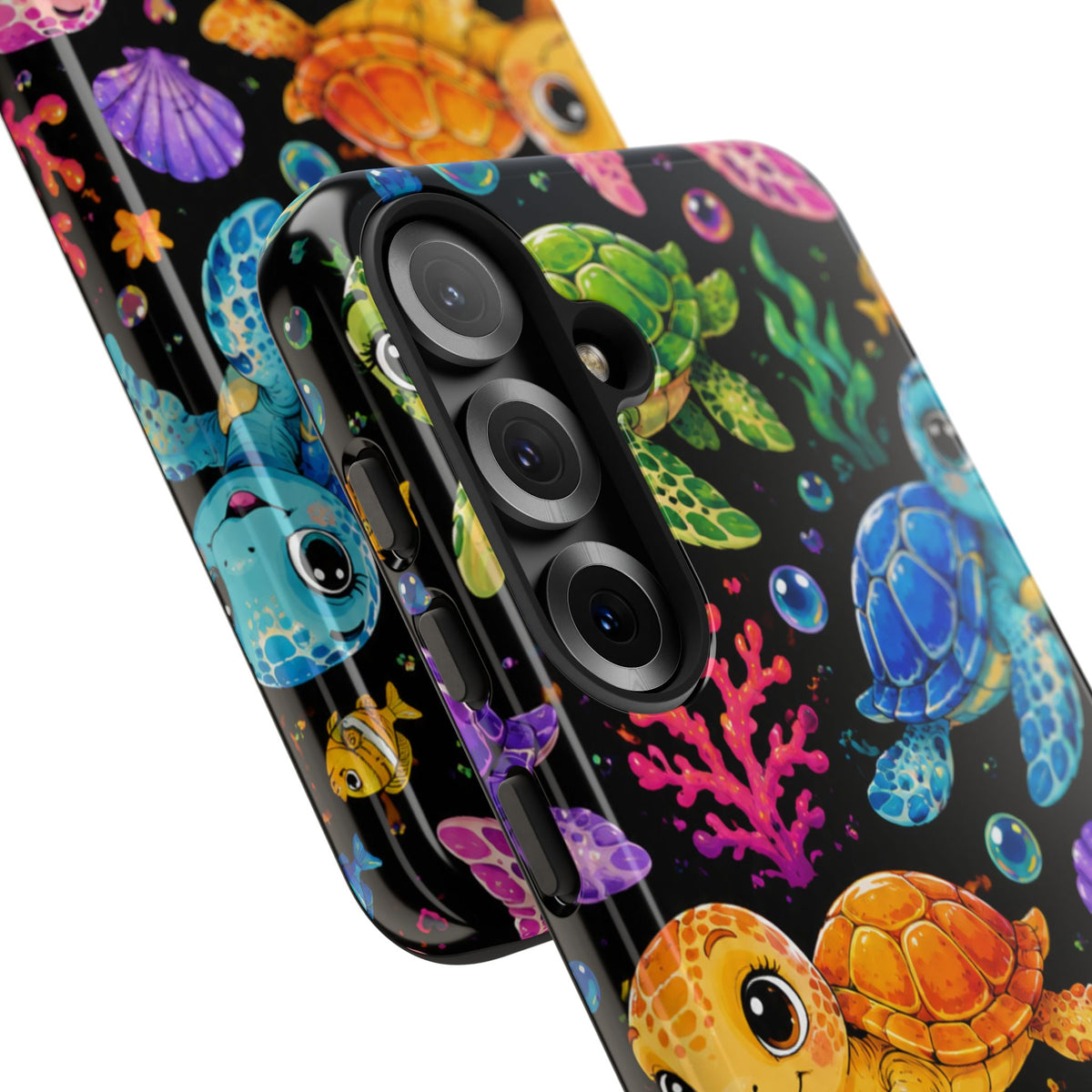 Phone Case — Colorful Cute Sea Turtles on Black (Protective Smartphone Cover)