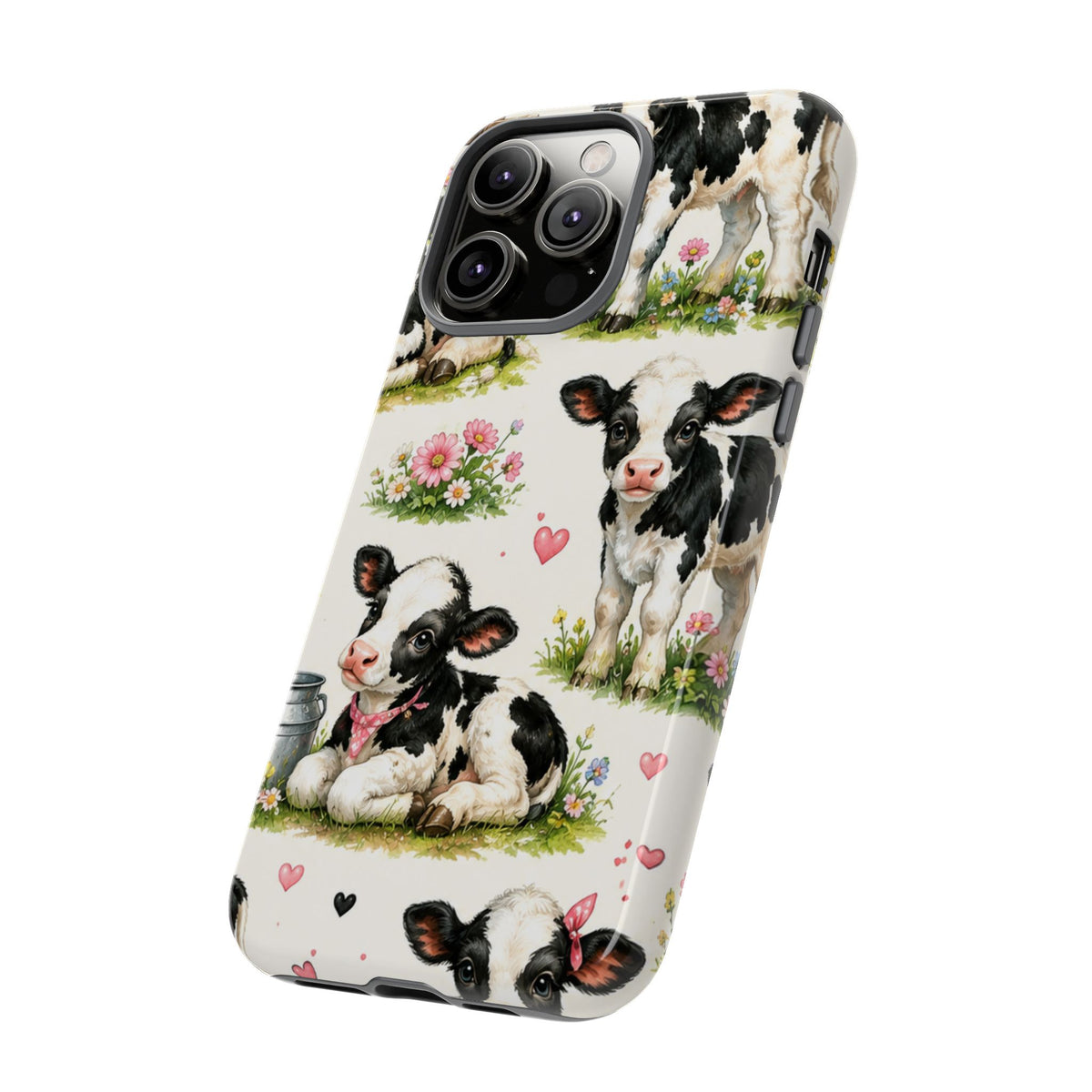 Cute Calf Pattern Phone Case – Pastel Cow Hearts & Flowers Protective Cover