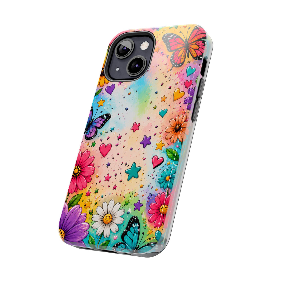 Colorful Butterflies and Flowers Tough Phone Case | Rainbow Hearts Stars