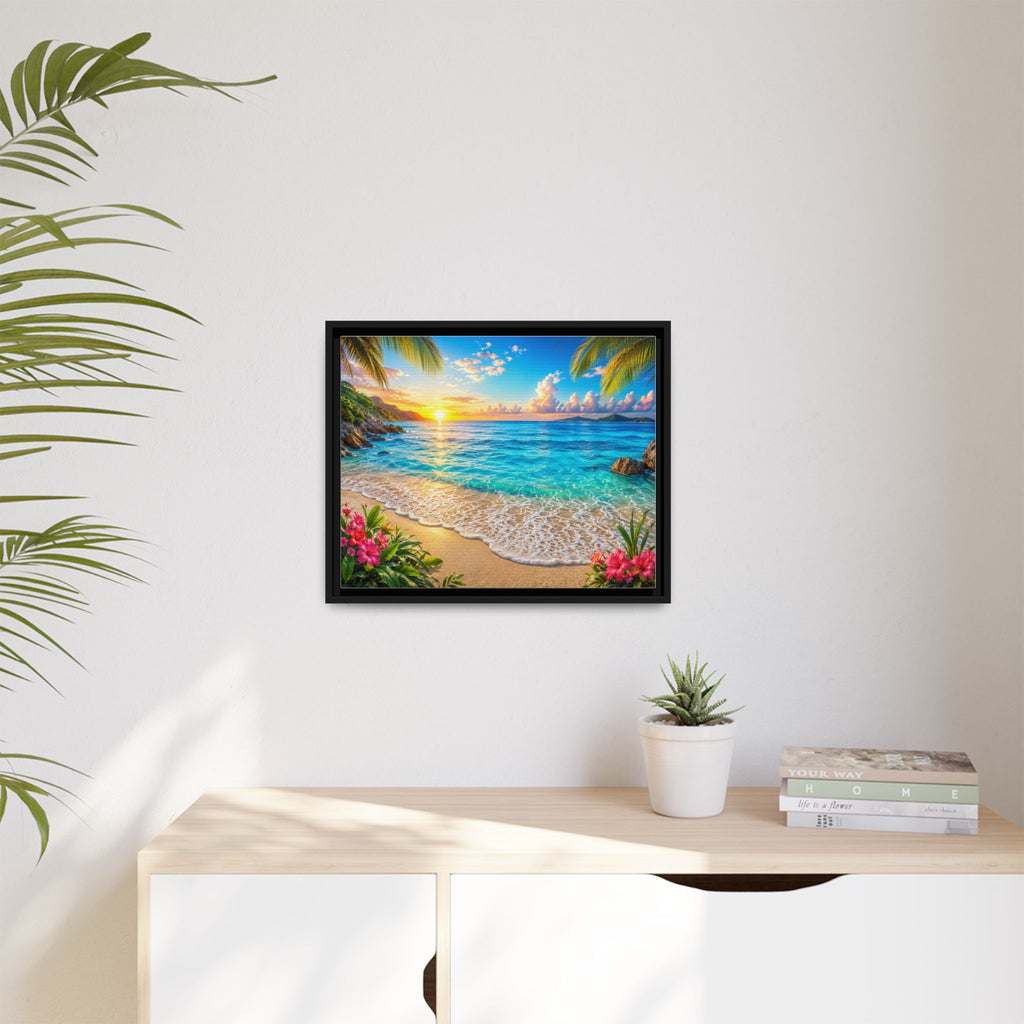 Framed Beach Sunset Matte Canvas Wall Art — Tropical Ocean Sunrise Decor