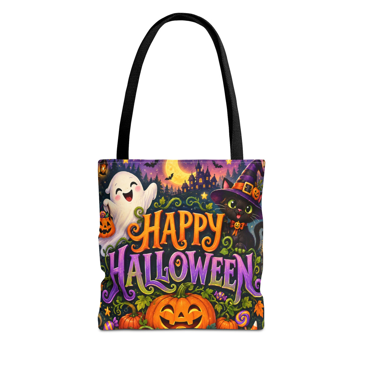 Halloween Tote Bag — Cute Ghost, Black Cat & Pumpkin Trick-or-Treat Candy Bag