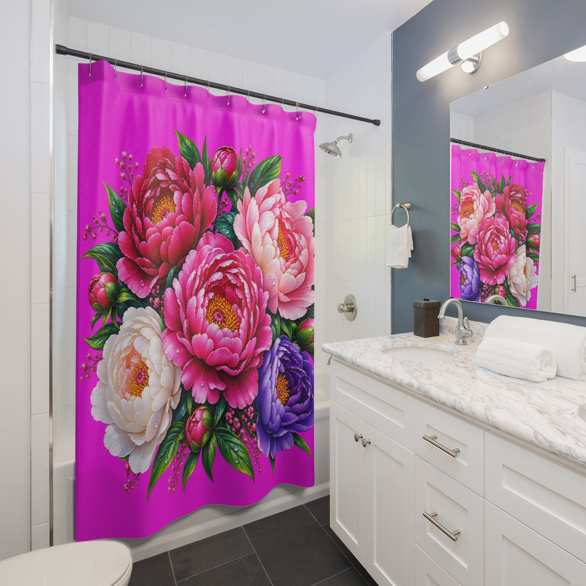 Vibrant Peony Shower Curtain — Bold Pink Floral Bathroom Decor