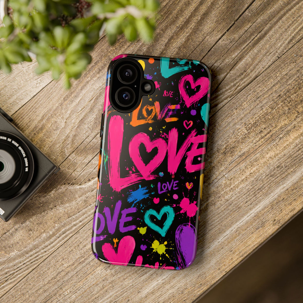 Phone Case — Neon Graffiti "Love" Hearts Protective Tough Case