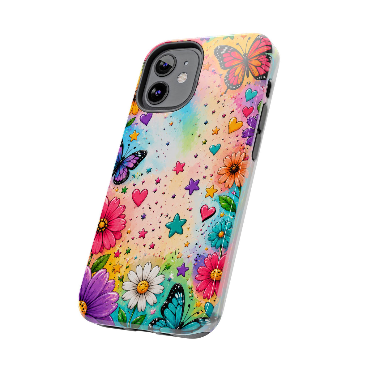 Colorful Butterflies and Flowers Tough Phone Case | Rainbow Hearts Stars