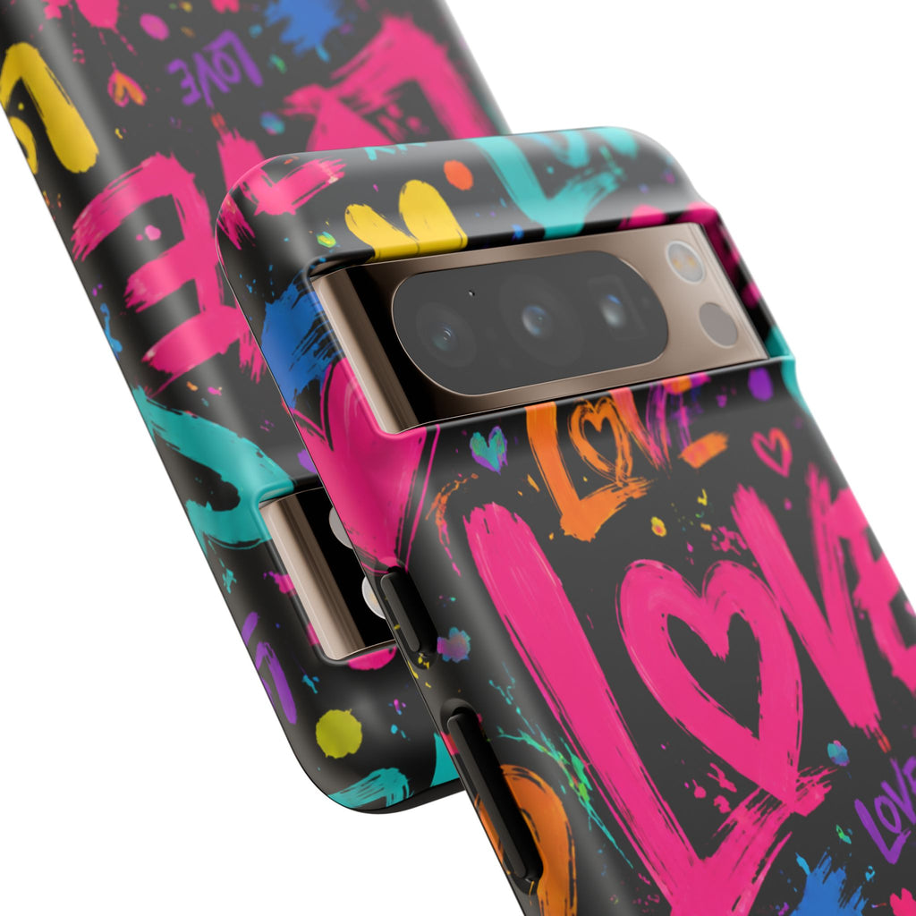 Phone Case — Neon Graffiti "Love" Hearts Protective Tough Case