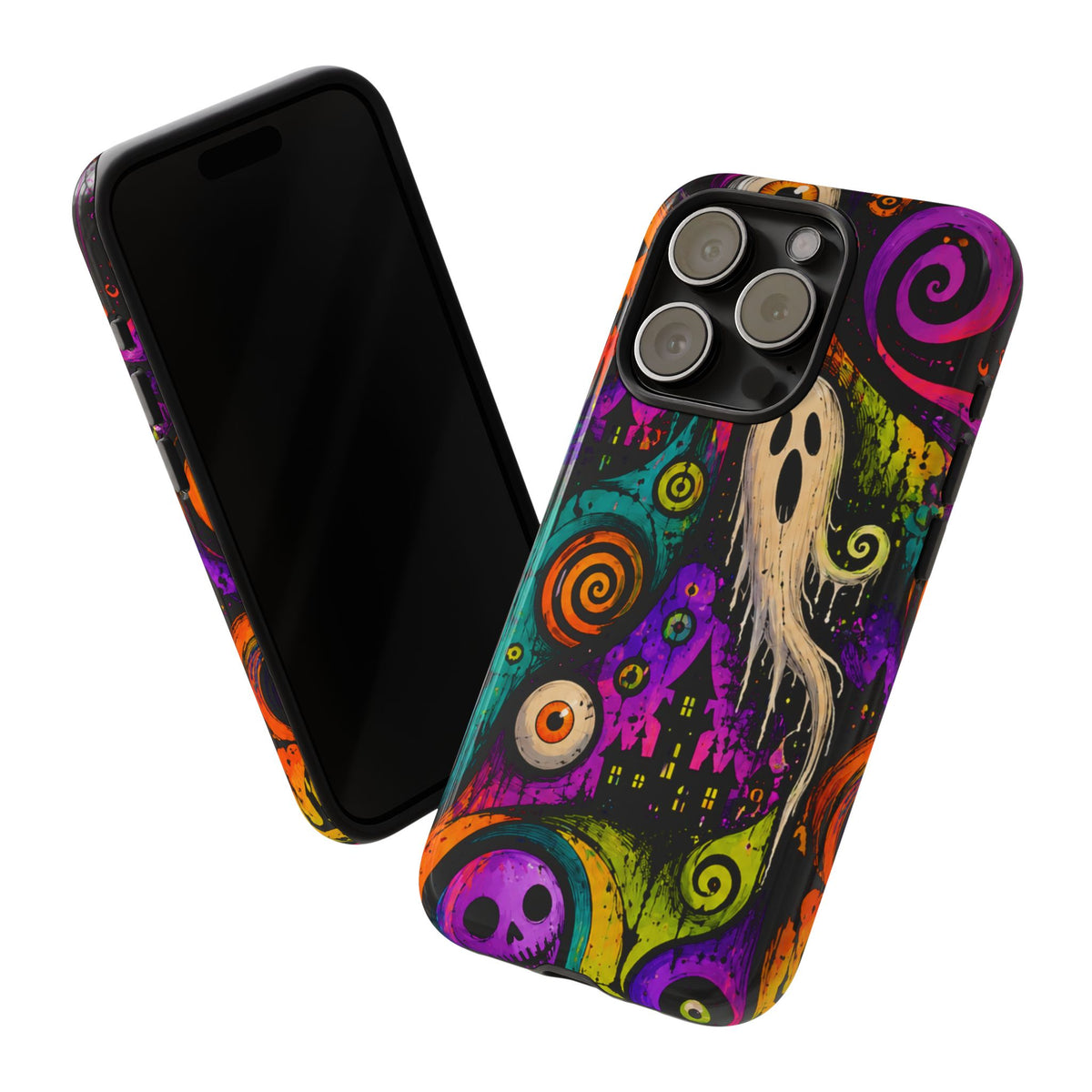 Halloween Ghost Phone Case — Colorful Spooky Skull & Haunted House Tough Case