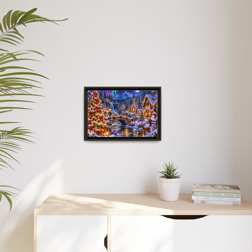 Framed Matte Canvas - Cozy Christmas Village Winter Night Wall Art