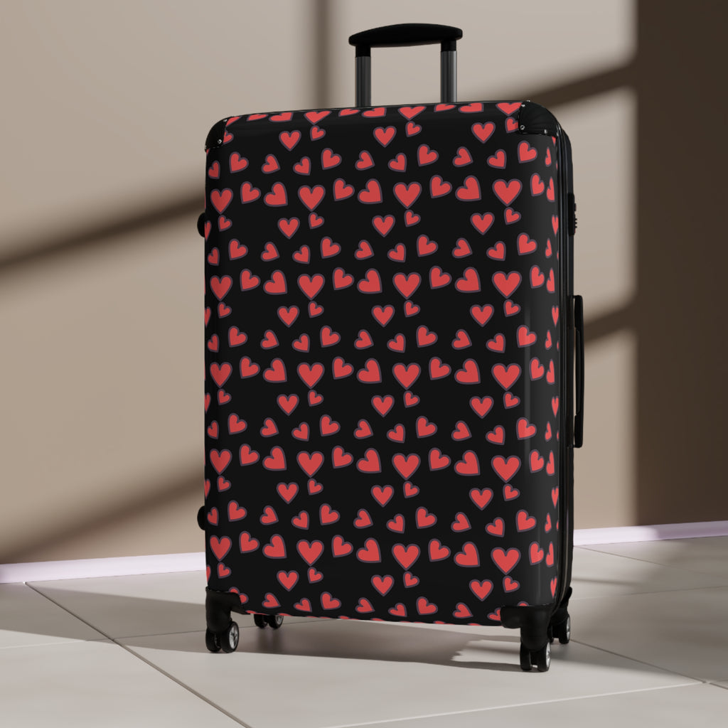 Heart Pattern Carry-On Suitcase — Romantic Red Hearts on Black Travel Luggage