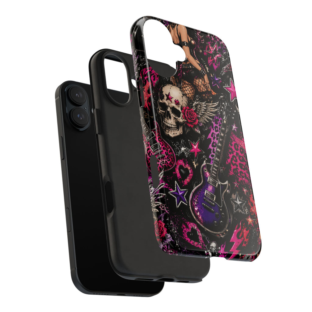 Rock Skull Guitar Phone Case — Edgy Pink Skull & Roses Tough Phone Case