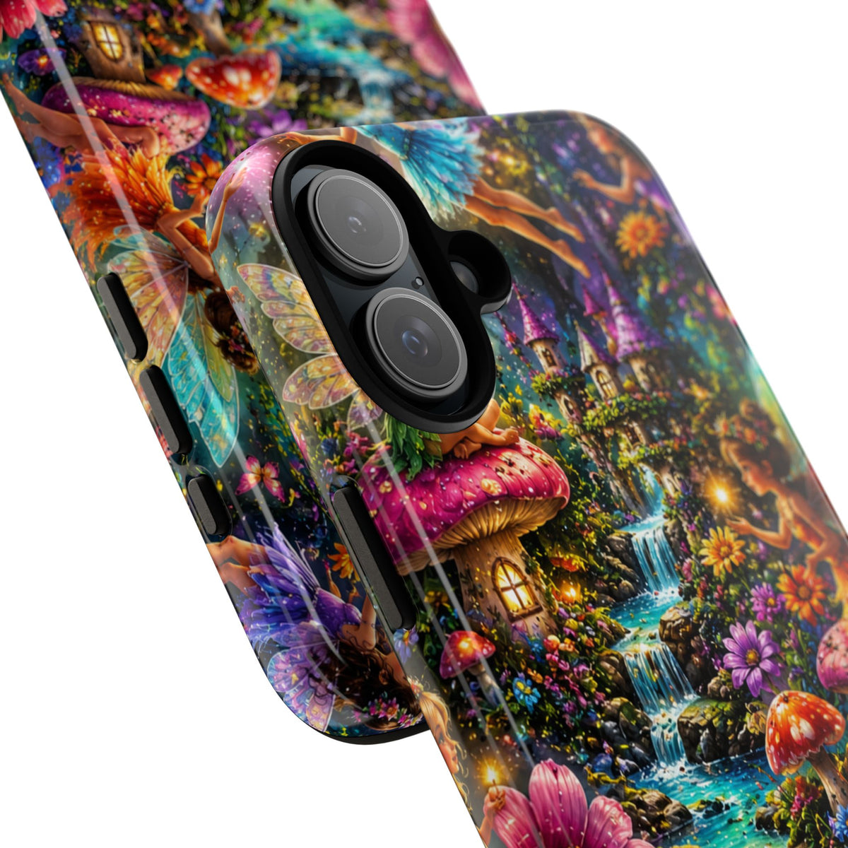 Fairy Garden Tough Phone Case — Whimsical Cottage, Waterfall & Mushroom Artwork