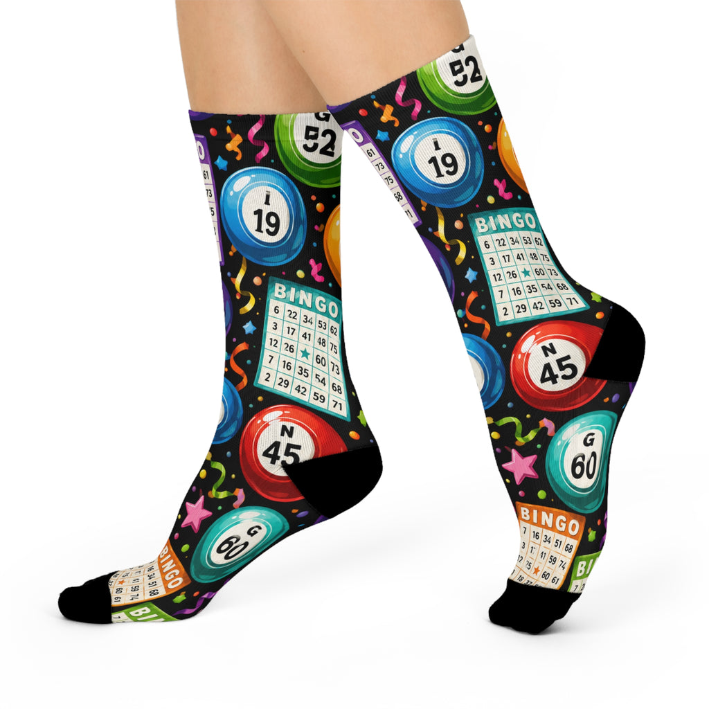 Bingo Night Cushioned Crew Socks — Colorful Bingo Balls & Cards Novelty