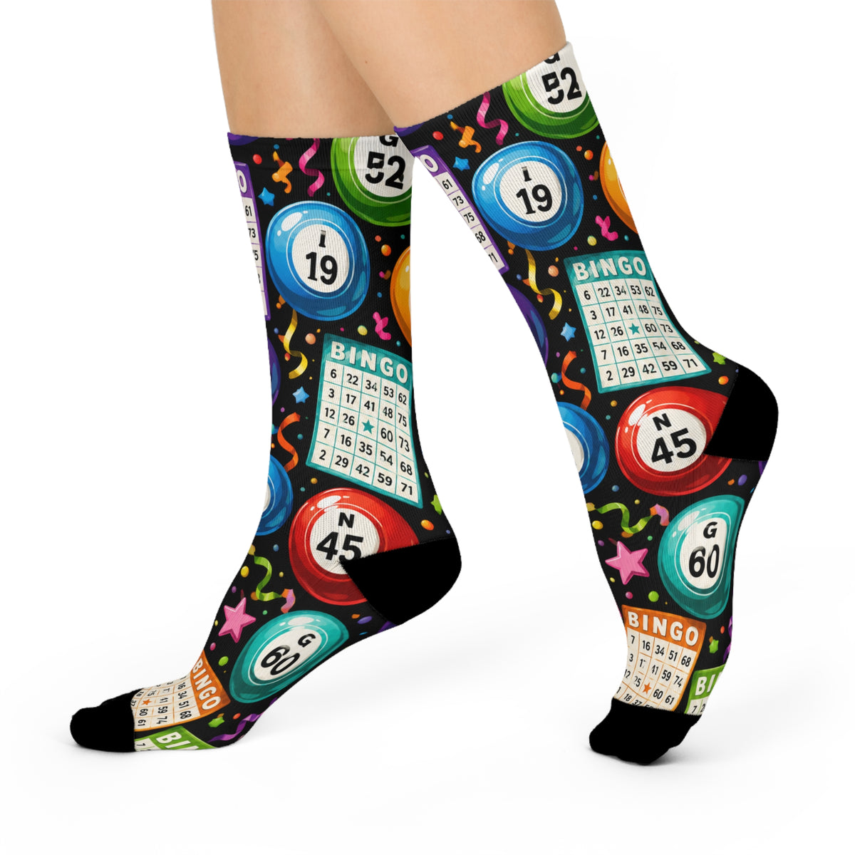 Bingo Night Cushioned Crew Socks — Colorful Bingo Balls & Cards Novelty