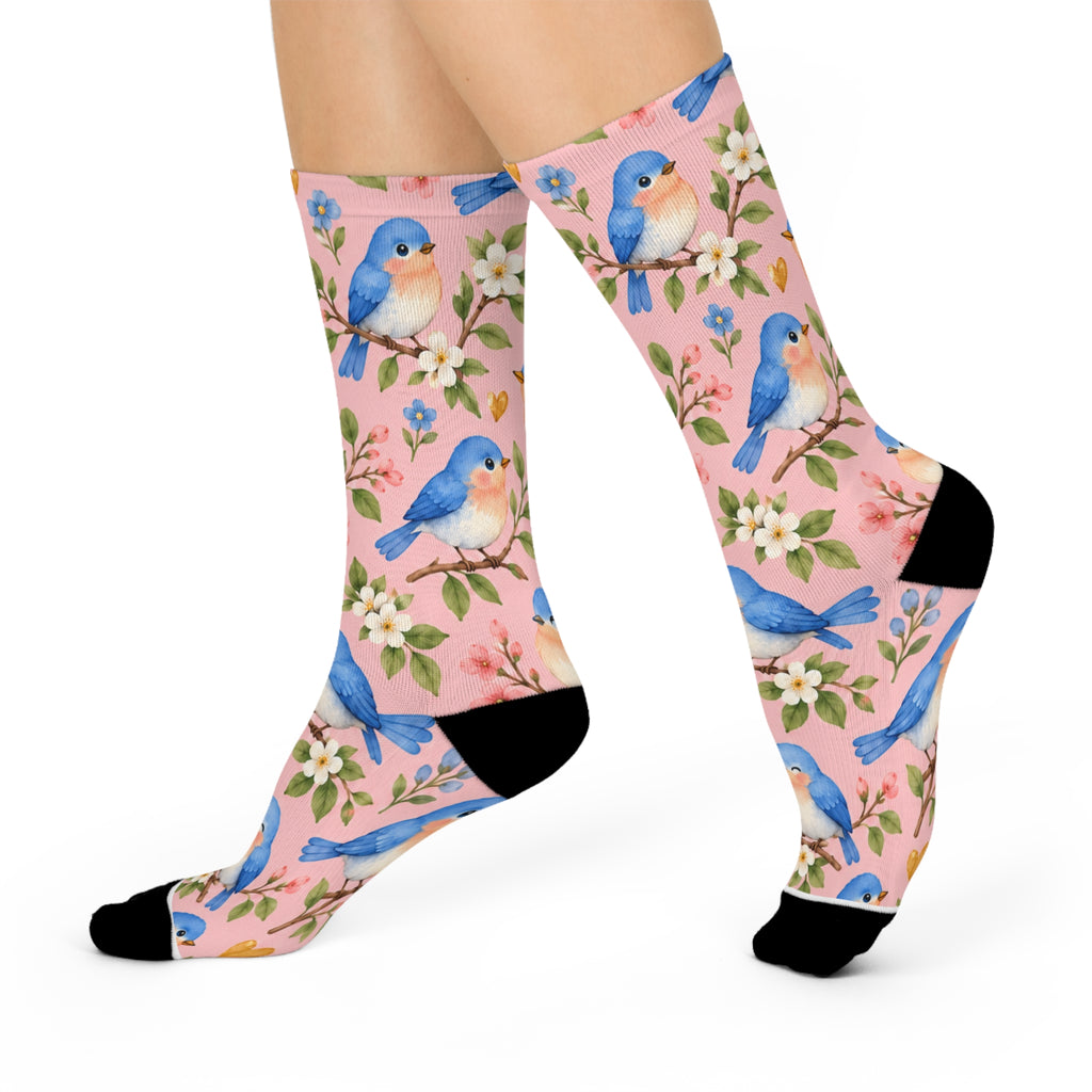 Bluebird Floral Crew Socks | Pink Bird Pattern, Spring Nature Socks