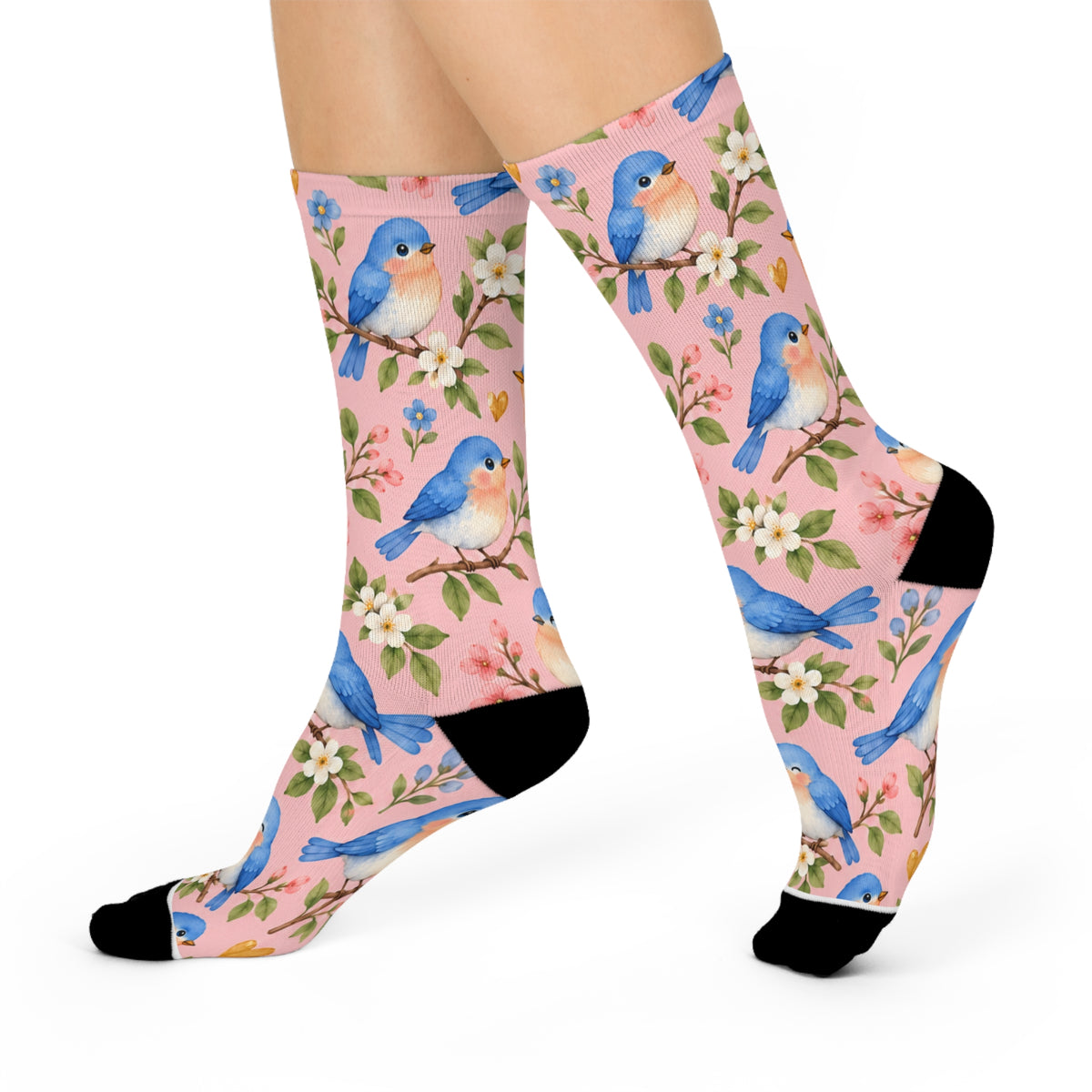 Bluebird Floral Crew Socks | Pink Bird Pattern, Spring Nature Socks