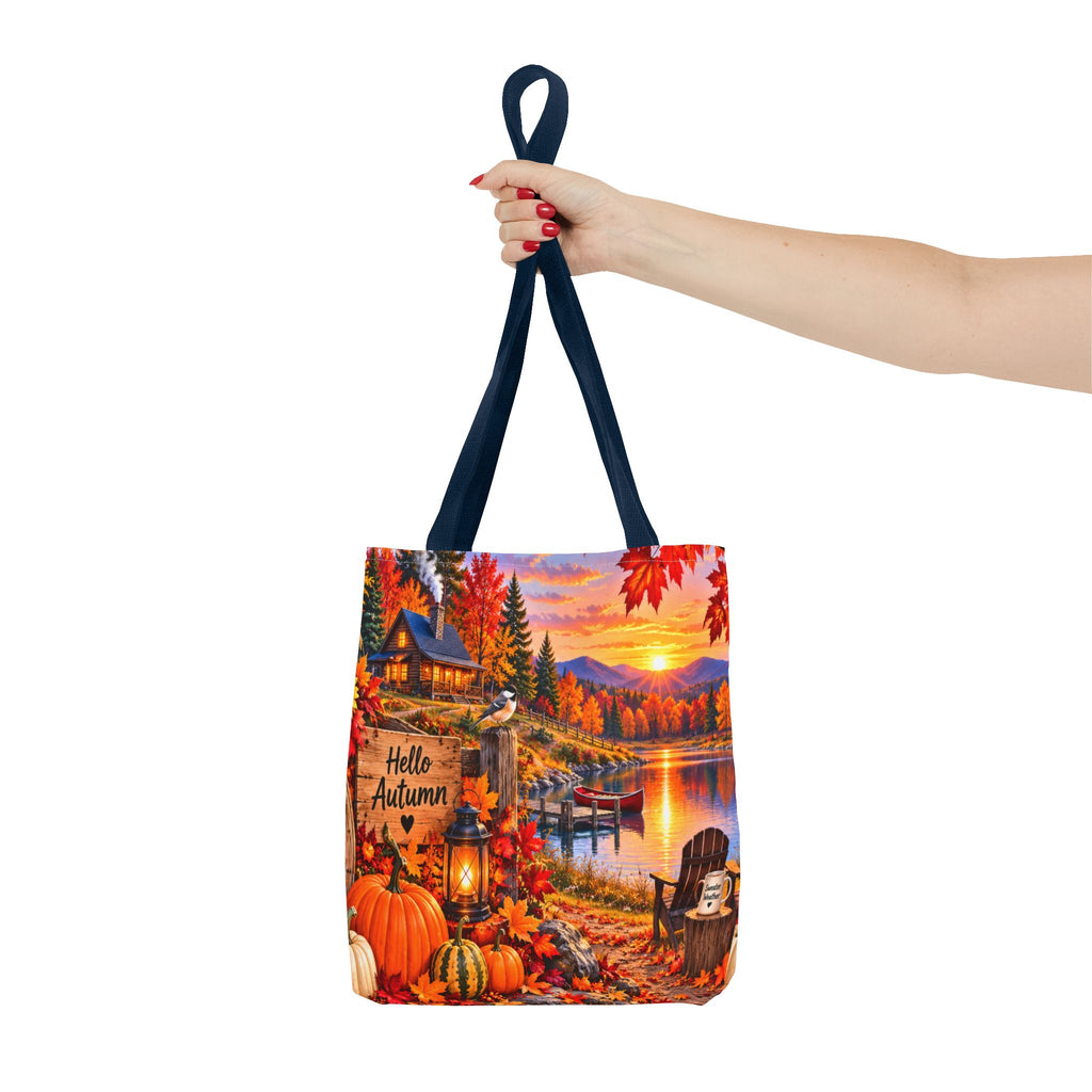 Autumn Lakeside Tote Bag — "Hello Autumn" Fall Cabin Sunset Design