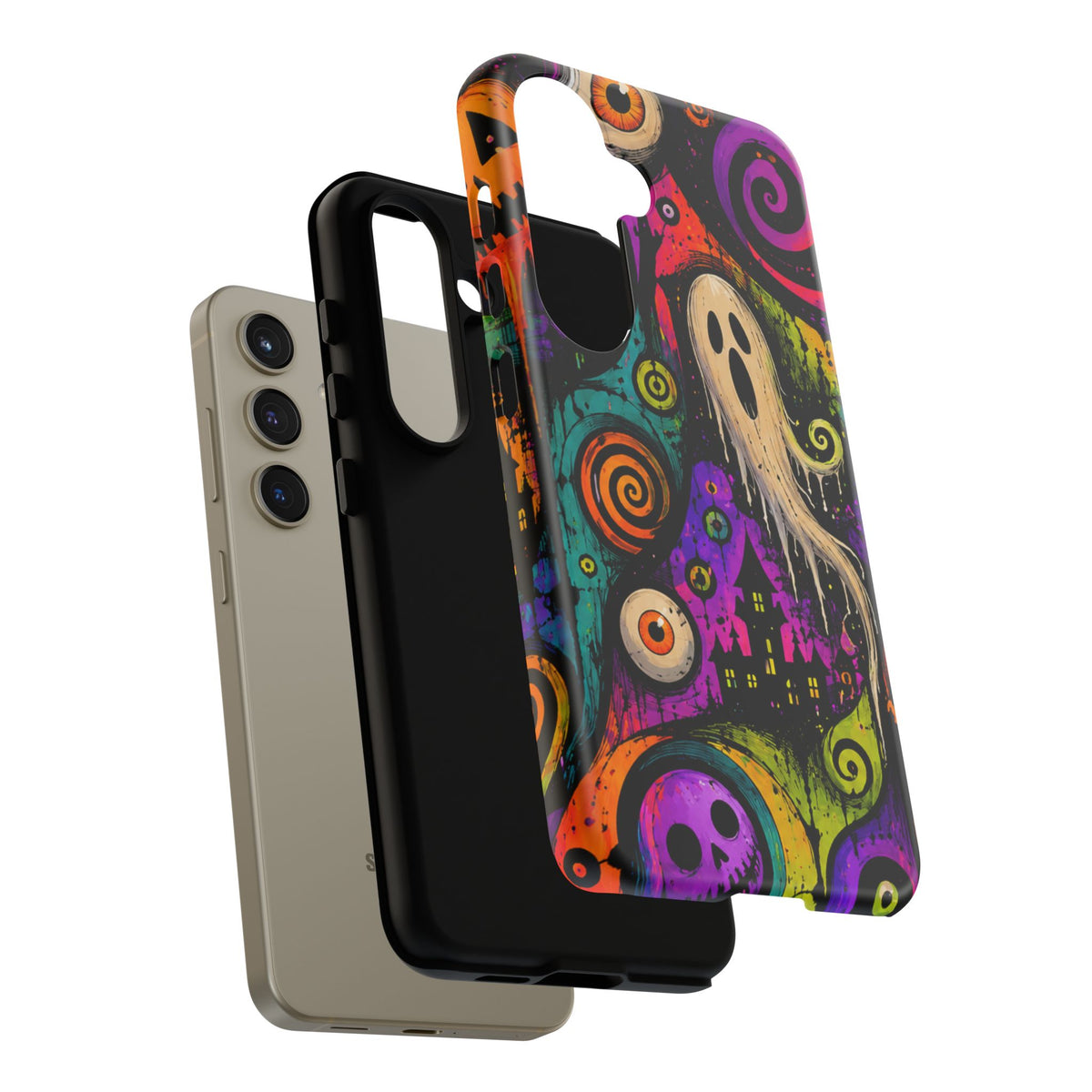 Halloween Ghost Phone Case — Colorful Spooky Skull & Haunted House Tough Case