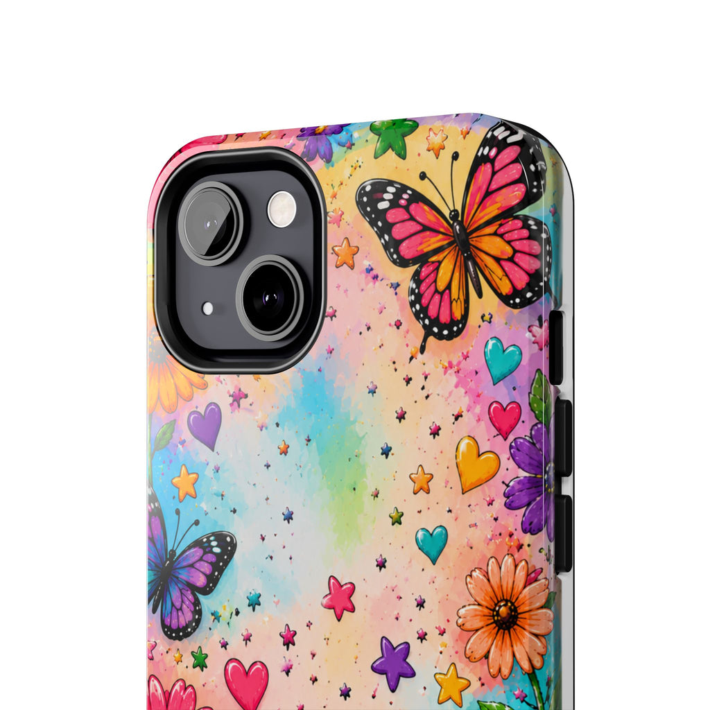 Colorful Butterflies and Flowers Tough Phone Case | Rainbow Hearts Stars