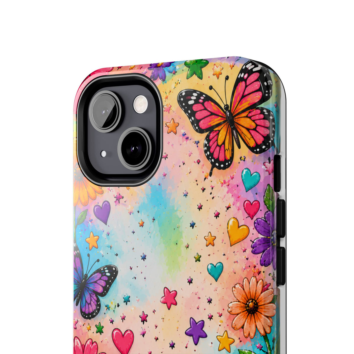 Colorful Butterflies and Flowers Tough Phone Case | Rainbow Hearts Stars