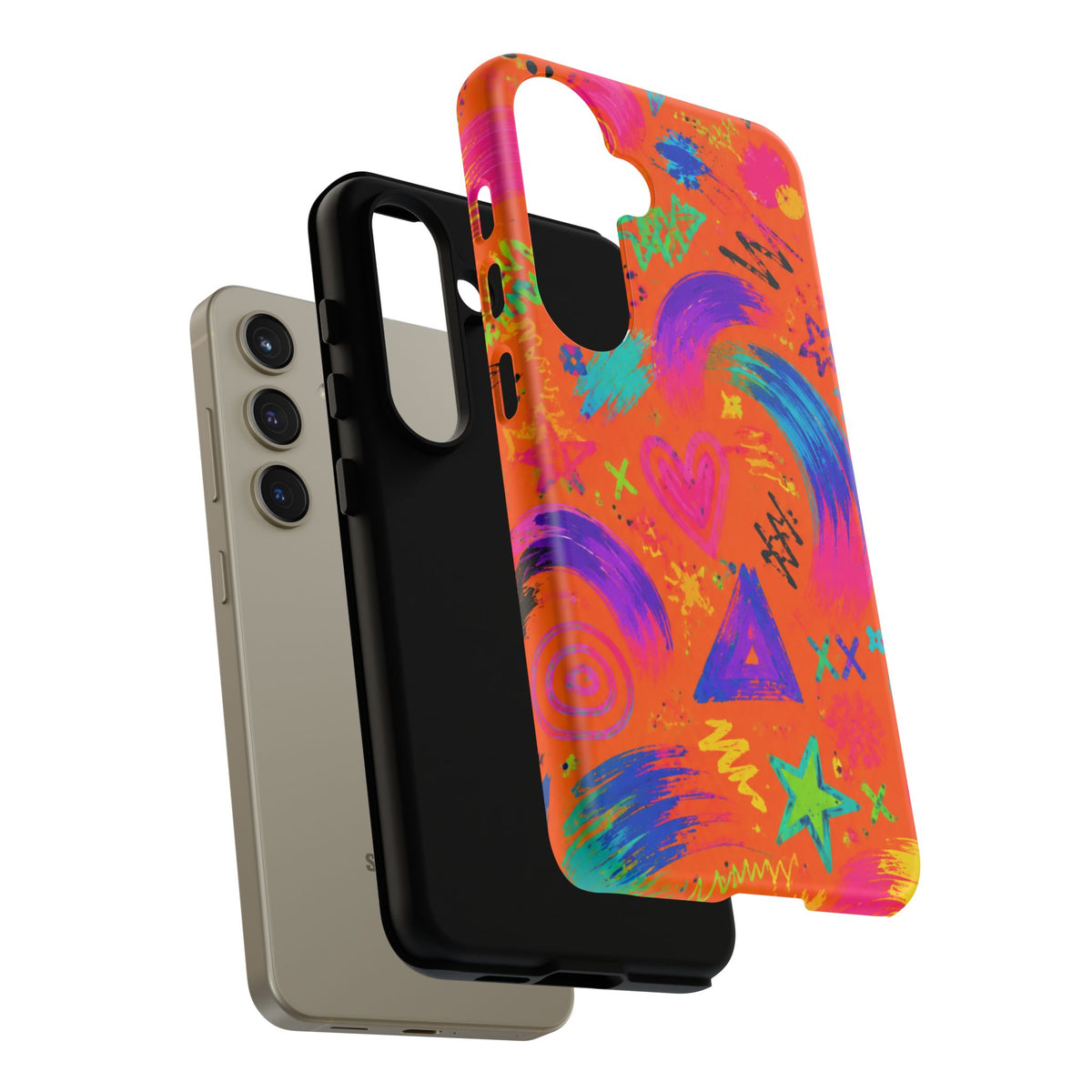 Colorful Neon Doodle Phone Case — Bright Abstract Stars & Hearts Tough Case