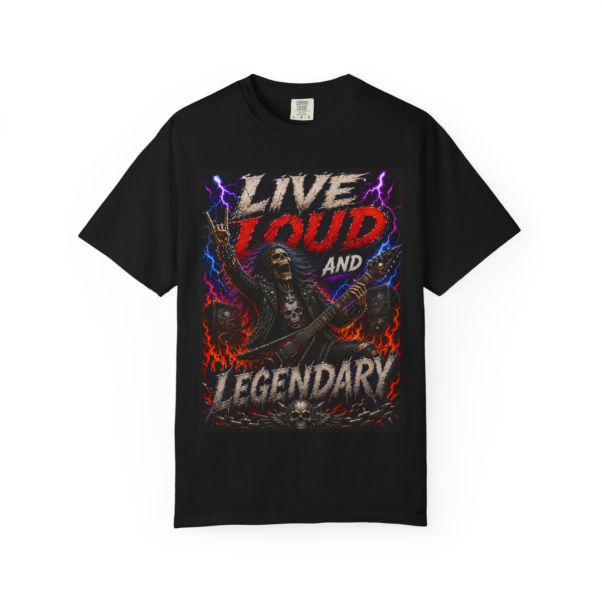 Live Loud and Legendary T-shirt | Heavy Metal Skeleton Guitar