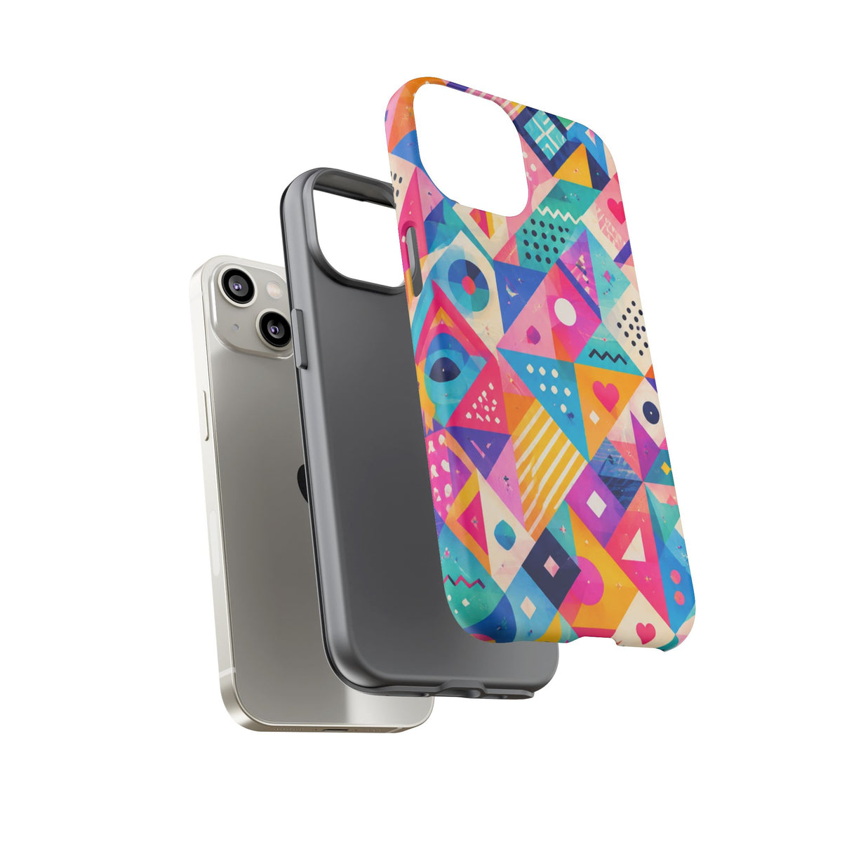 Colorful Geometric Tough Phone Case — Bright Abstract Heart & Triangle Pattern