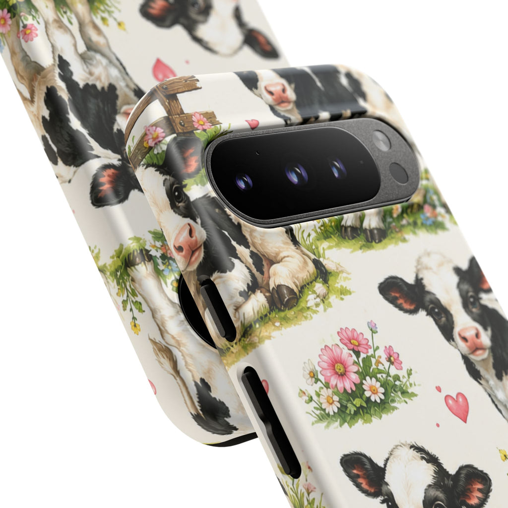 Cute Calf Pattern Phone Case – Pastel Cow Hearts & Flowers Protective Cover